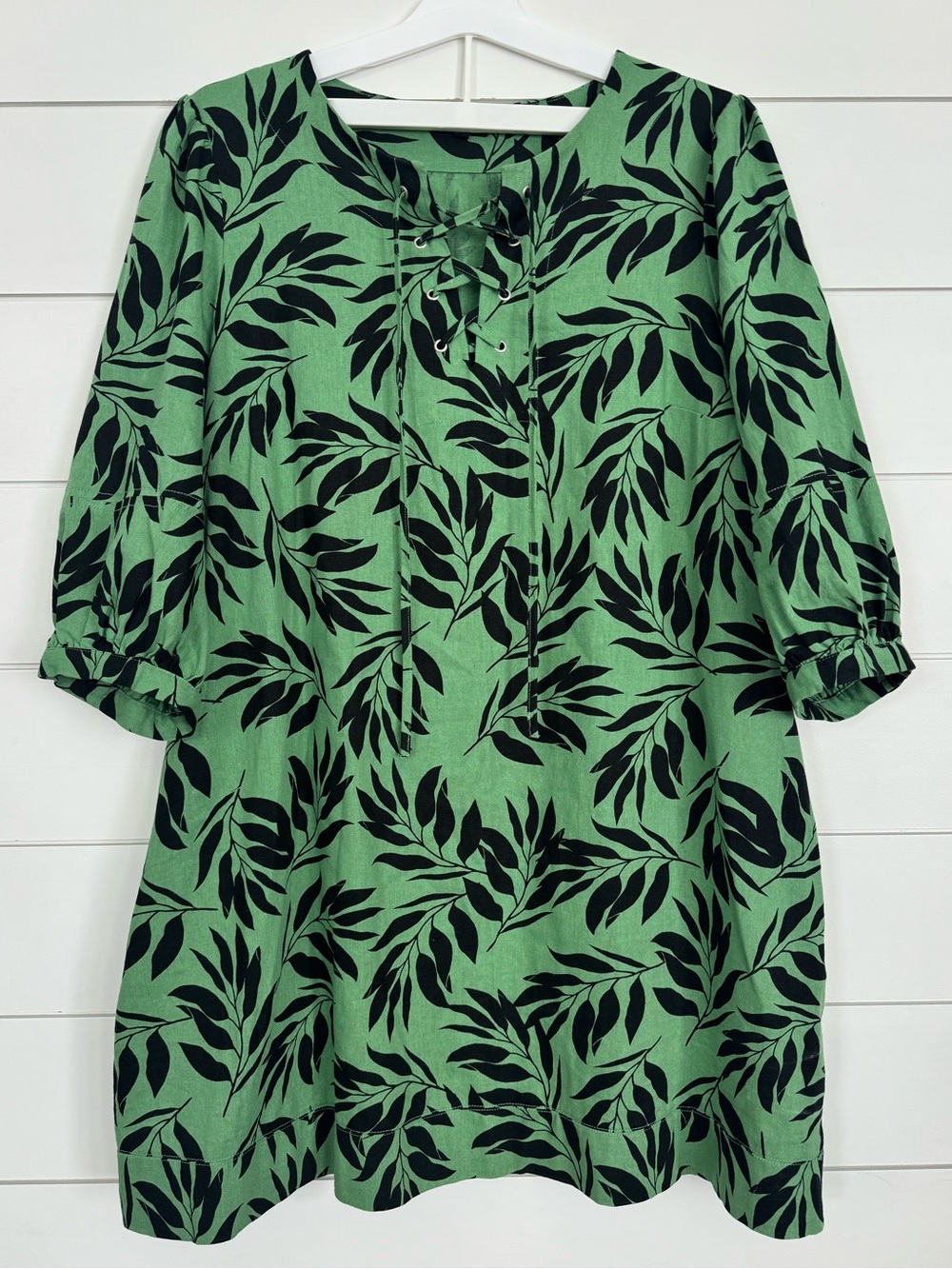Who What Wear Womans XL Green Tropical Palm Print Linen Blend Mini Dress Lace Up